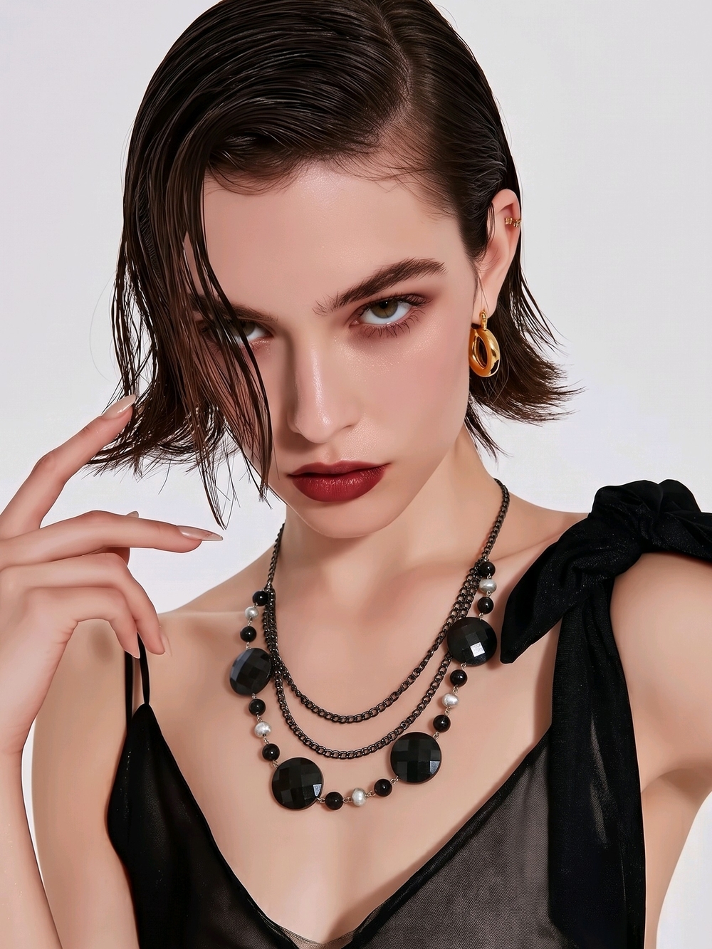 Black multi-strand beaded necklace